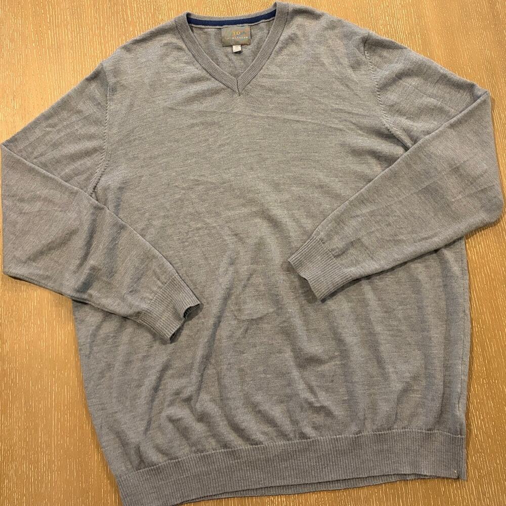 Thomas Dean Sweater XXL Light Blue Grey Lightweight Merino Wool‎ Pullover V Neck
